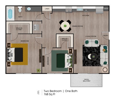 Floor plan for 2 beds, 1 bath, 768 sqft